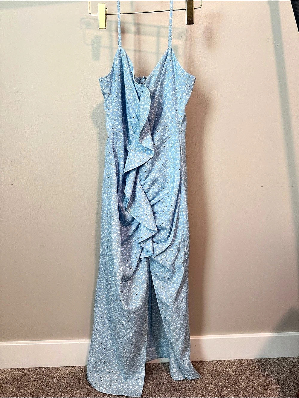 LIKELY Floral Ruffle Maxi Dress in Blue
